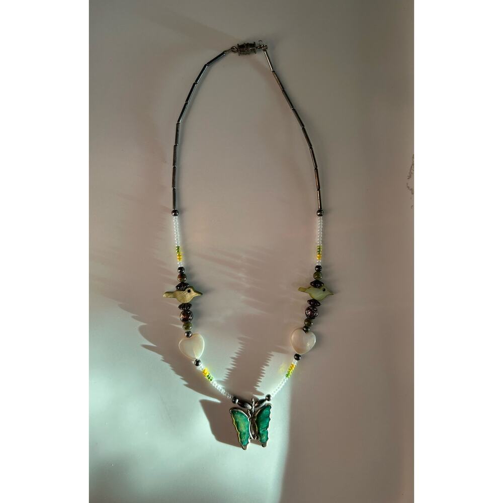 Vintage Artisan Choker Necklace with Green & Silver Butterfly and Bird